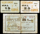 Cervià de les Garrigues. 15, 25 céntimos y 1 peseta. (T. 947, 949a y 950a). 2 cartones y un billete (éste cosido en la época). Raros. BC/MBC-.