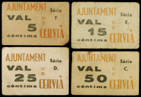 Cervià de les Garrigues. 5, 15, 25 y 50 céntimos. (T. 948 var, 949b, 950 var y 951b. 4 cartones, serie completa. Raros. BC+/MBC+.