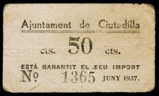Ciutadilla. 50 céntimos. (T. 966). Cartón. Raro. MBC-.