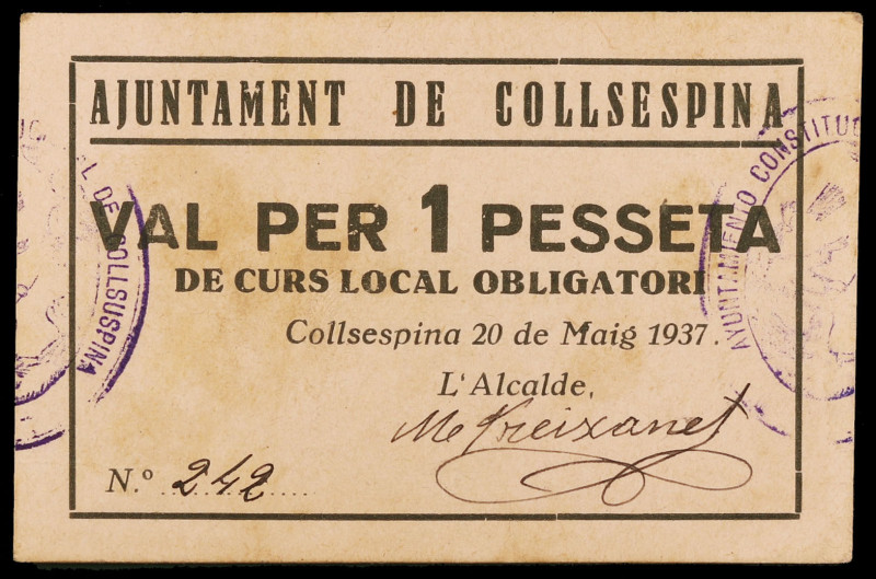 Collsuspina. 1 peseta. (T. 998). Cartón nº 242. Muy raro y más así. EBC.