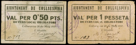 Collsuspina. 50 céntimos y 1 peseta. (T. 998 y 999). 2 cartones, nº 163 y 212, serie completa. Muy raros. BC/MBC-.