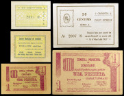 Constantí. 25, 50 céntimos (dos) y 1 peseta (dos). (T. 1002, 1003 var, 1004, 1005 var y 1006a). 5 billetes, todos los de la localidad, dos con restos ...