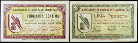 Corbera de Llobregat. 50 céntimos y 1 peseta. (T. 1009 y 1010). 2 billetes, todos los de la localidad. Escasos. MBC-/MBC.