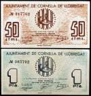 Cornellà de Llobregat. 50 céntimos y 1 peseta. (T. 1022 y 1023). 2 billetes, todos los de la localidad. Escasos así. MBC+/EBC.