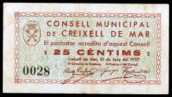 Creixell de Mar. 25 céntimos. (T. 1040). Nº 0028. Raro. MBC-.