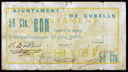 Cubells. 50 céntimos. (T. 1044). Muy raro. BC.