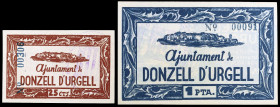 Donzell d'Urgell. 25 céntimos y 1 peseta. (T. 1051 y 1052). Serie completa, todos los de la localidad. El de 1 peseta, nº 00091. Raros y más así. S/C-...