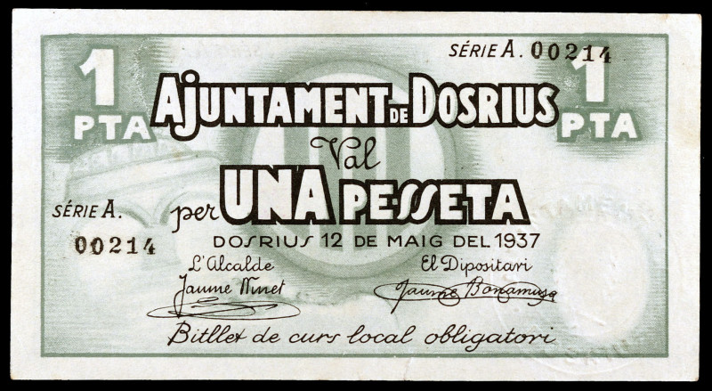 Dosrius. 1 peseta. (T. 1053). Mínima rotura en borde inferior. Raro y más así. E...