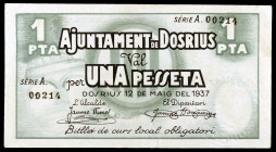 Dosrius. 1 peseta. (T. 1053). Mínima rotura en borde inferior. Raro y más así. EBC-.