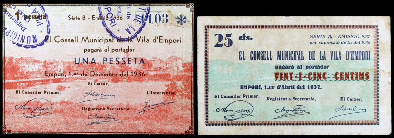 Empori. 25 céntimos y 1 peseta. (T. 1063 y 1067). 2 billetes, la peseta, muy rar...
