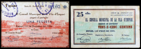 Empori. 25 céntimos y 1 peseta. (T. 1063 y 1067). 2 billetes, la peseta, muy rara, está recortada. MBC-.