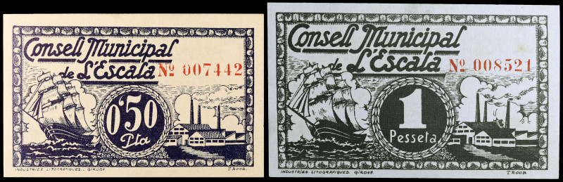 Escala, l'. 50 céntimos y 1 peseta. (T. 1068a y 1069). 2 billetes, todos los de ...