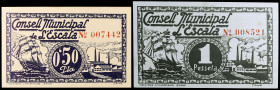Escala, l'. 50 céntimos y 1 peseta. (T. 1068a y 1069). 2 billetes, todos los de la localidad. Escasos así. EBC/EBC+.