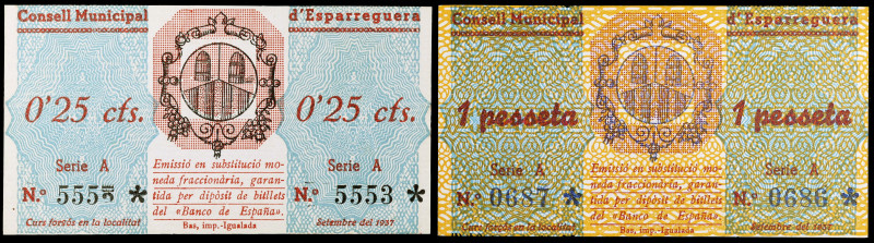 Esparreguera. 25 céntimos y 1 peseta. (T. 1074b y 1075). 2 billetes, serie compl...