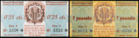 Esparreguera. 25 céntimos y 1 peseta. (T. 1074b y 1075). 2 billetes, serie completa. Escasos así. S/C-.