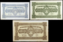Espluga de Francolí, l'. 25, 50 céntimos y 1 peseta. (T. 1092 var, 1093 var y 1094 var). 3 billetes, serie completa. Todos sin numeración. MBC+/EBC-....