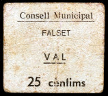 Falset. 25 céntimos. (T. 1125). Cartón. Muy raro. MBC-.