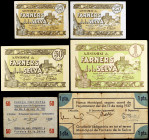 Farners de la Selva. 25 (dos), 50 céntimos (dos) y 1 peseta (dos). (T. 1145d, 1146 a 1148 y 1149 (dos)). 6 billetes, todos los de la localidad. Conjun...