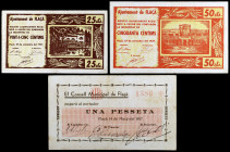 Flaçà. 25, 50 céntimos y 1 peseta. (T. 1184 a 1186). 3 billetes, todos los de la localidad. MBC-/EBC-.