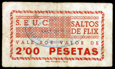 Flix. S.E.U.C. Saltos de Flix. 2 pesetas. (AL. 2689). Raro. BC+.