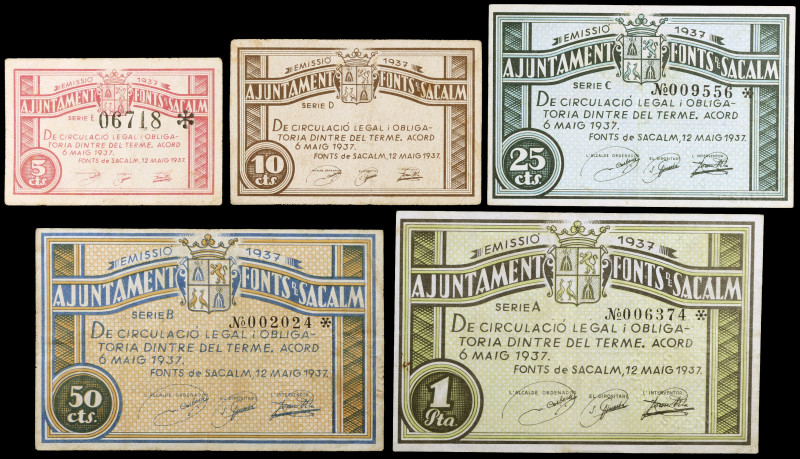 Fonts de Sacalm. 5, 10, 25, 50 céntimos y 1 peseta. (T. 1209 a 1213). 5 billetes...