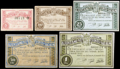 Fonts de Sacalm. 5, 10, 25, 50 céntimos y 1 peseta. (T. 1209 a 1213). 5 billetes, todos los de la localidad. BC+/MBC+.