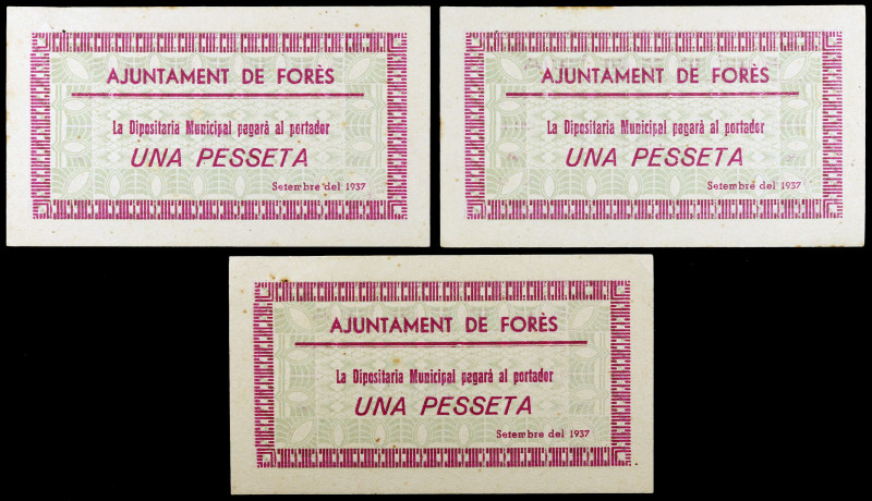 Forès. 1 peseta (tres). (T. 1218). 3 billetes, una pareja correlativa, nº 262 y ...