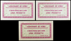 Forès. 1 peseta (tres). (T. 1218). 3 billetes, una pareja correlativa, nº 262 y 264/265. Restos de grapas. Muy raros. (EBC-).