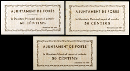 Forès. 50 céntimos (tres). (T. 1219). Trío correlativo, nº 261/262/263. Restos de grapas. Muy raros. (EBC-).
