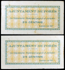 Forès. 25 céntimos (dos). (T. 1220). Pareja correlativa, nº 409/410. Restos de grapas. Muy raros. (EBC-).