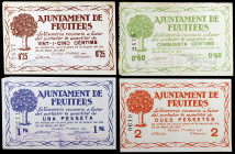 Fruiters. 25, 50 céntimos, 1 y 2 pesetas. (T. 1232e, 1233b, 1234a y 1235 var). 4 billletes, todos los de la localidad. El de 25 céntimos con el nombre...