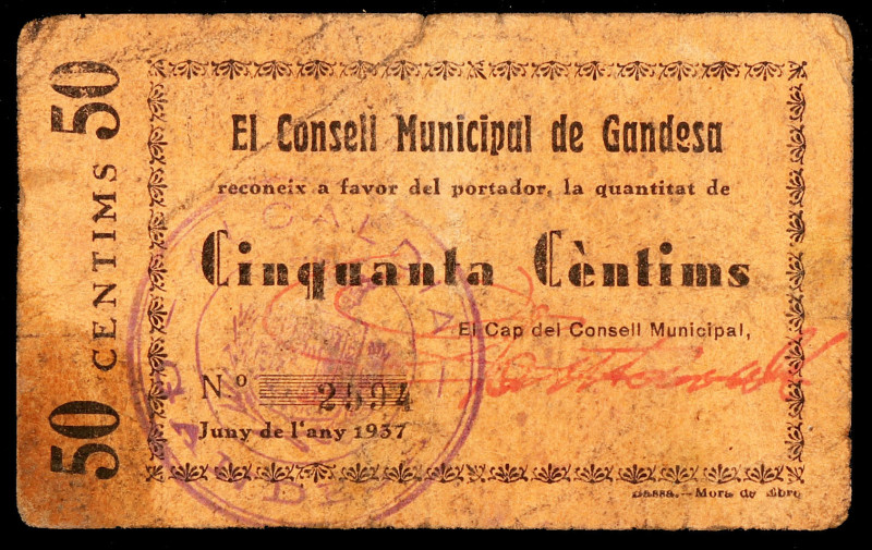 Gandesa. 50 céntimos. (T. 1253). Cartón. Escaso. BC+.