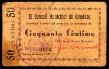 Gandesa. 50 céntimos. (T. 1253). Cartón. Escaso. BC+.