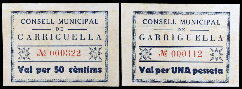Garriguella. 50 céntimos y 1 peseta. (T. 1274 y 1275). 2 billetes, serie complet...