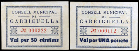 Garriguella. 50 céntimos y 1 peseta. (T. 1274 y 1275). 2 billetes, serie completa, nº 000112 y 000322. Muy raros y más así. EBC-/EBC.