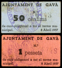 Gavà. 50 céntimos y 1 peseta. (T. 1278 y 1279). 2 cartones, serie completa. Raros. MBC/MBC+.