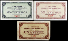 Gavà. La Sociedad General de Hules, E.C. 25, 50 céntimos y 1 peseta. (AL. 625, 628 y 632). 3 billetes, serie completa nº 0050, 0238 y 0263. Escasos. M...