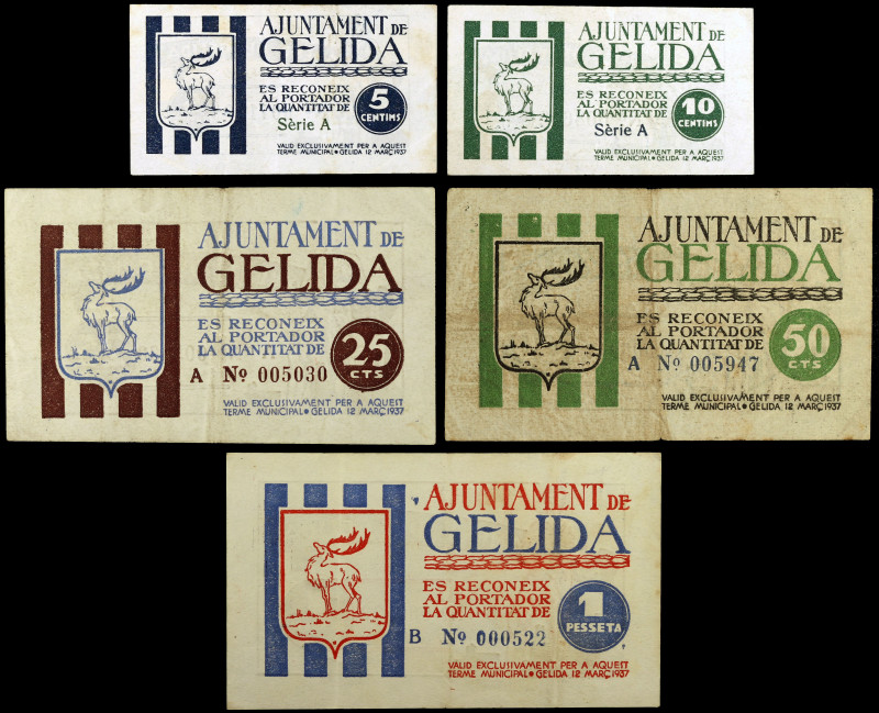 Gelida. 5, 10, 25, 50 céntimos y 1 peseta. (T. 1284, 1285 y 1287 a 1289). 5 bill...
