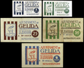 Gelida. 5, 10, 25, 50 céntimos y 1 peseta. (T. 1284, 1285 y 1287 a 1289). 5 billetes. BC+/MBC+.