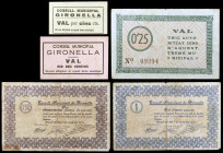 Gironella. 5, 10, 25 50 céntimos y 1 peseta. (T. 1302 a 1304, 1309 y 1311). 2 cartones (éstos muy raros) y 3 billetes, una serie completa. BC+/EBC.