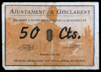 Gisclareny. 50 céntimos. (T. 1313a). Mínimas roturas en borde. Muy raro. MBC-.