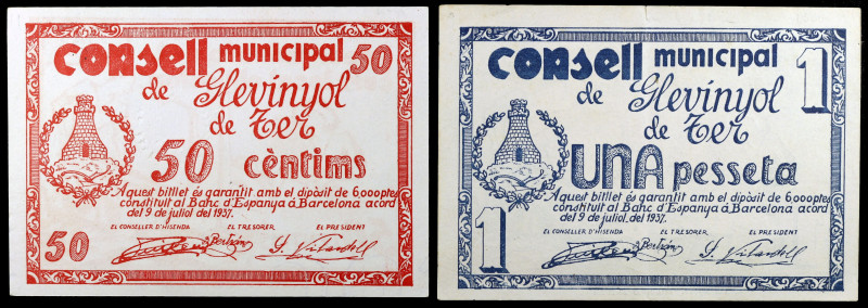 Glevinyol de Ter. 50 céntimos y 1 peseta. (T. 1315 y 1316). 2 billetes, serie co...