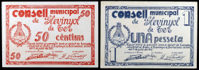 Glevinyol de Ter. 50 céntimos y 1 peseta. (T. 1315 y 1316). 2 billetes, serie completa. Raros y más así. EBC-/EBC.