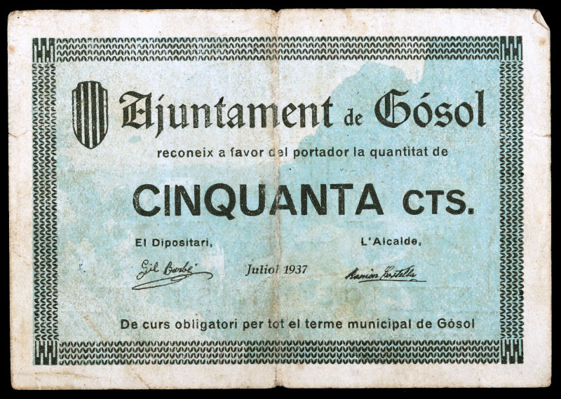 Gósol. 50 céntimos. (T. 1327). Muy raro. BC+.