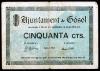 Gósol. 50 céntimos. (T. 1327). Muy raro. BC+.