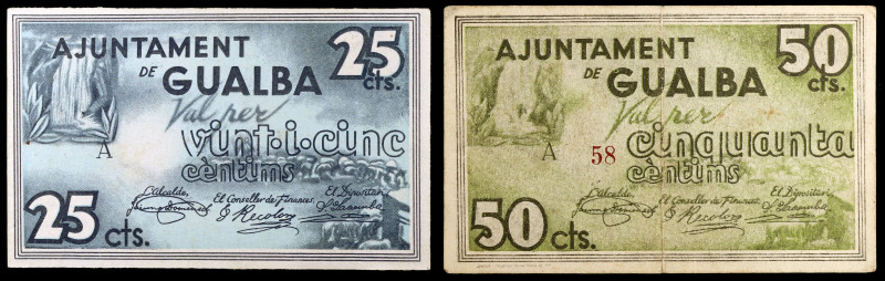 Gualba. 25 y 50 céntimos. (T. 1370 y 1371). 2 billetes, todos los de la localida...