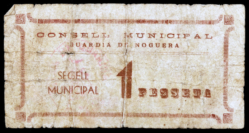 Guardia de Noguera. 1 peseta. (T. 1372). Nº 164. Leves roturas. Rarísimo. (BC)....
