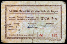 Guardiola de Bages. 1 peseta. (T. 1374). Cartón nº 121. Muy raro. MBC-.