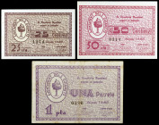 Guiamets, els. 25, 50 céntimos y 1 peseta. (T. 1386 a 1388). 3 billetes, todos los de la localidad. Raros. MBC-/EBC+.