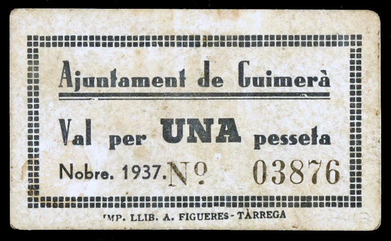 Guimerà. 1 peseta. (T. 1397a). Cartón. Raro. MBC.